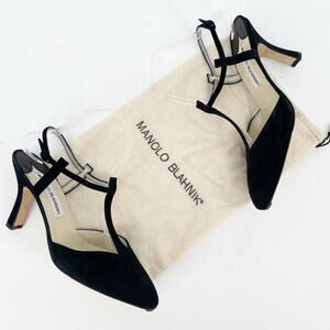 Vintage Manolo Blahnik Black Suede Ankle Strap T-Strap Pointed Toe Pump IT 38.5
